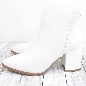 New White Chunky Heel Point Toe Booties Boots